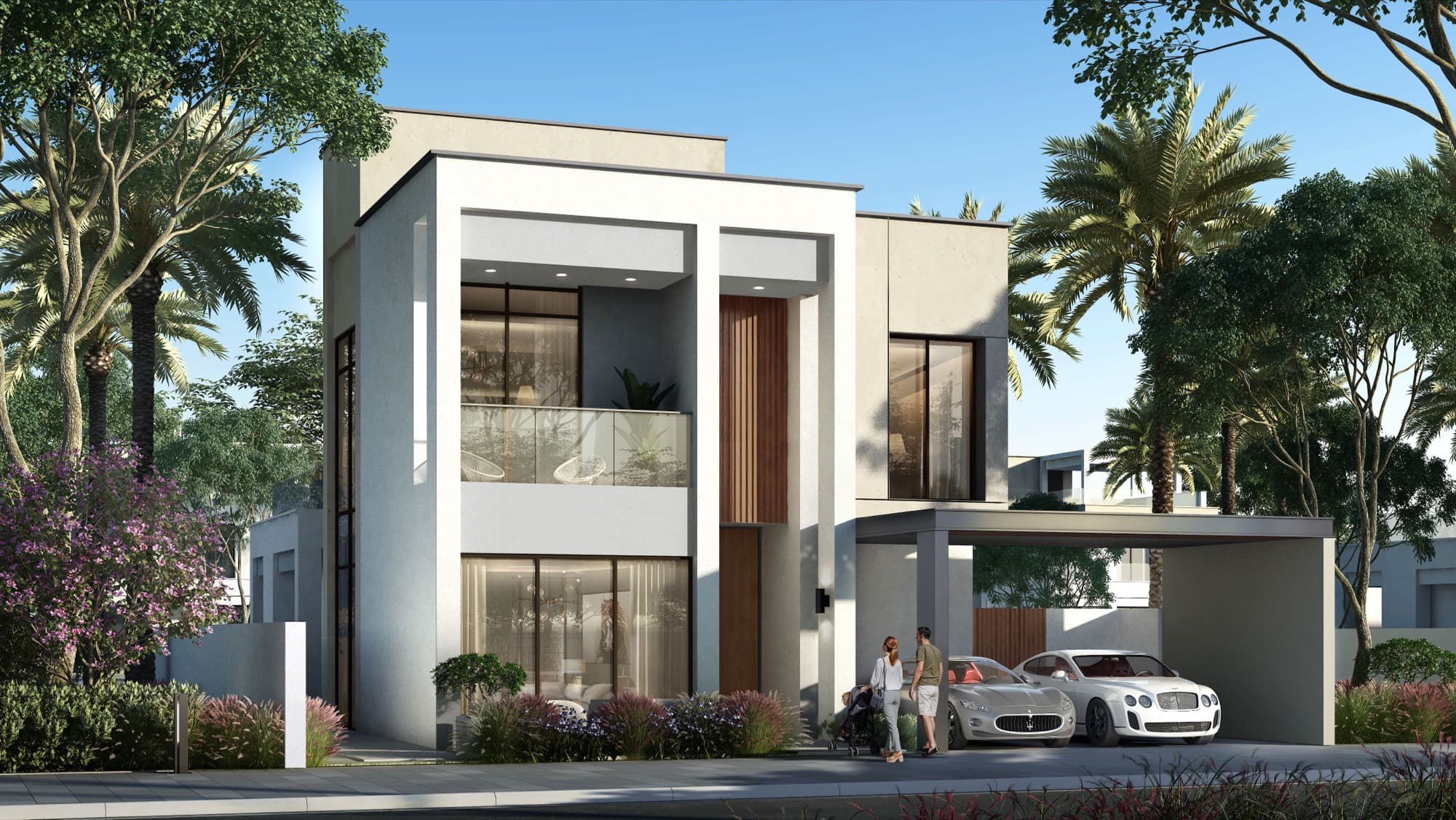 Standalone villa in Caya, Arabian Ranches 3, Dubai, with a glazed upper balcony and covered driveway for two cars.